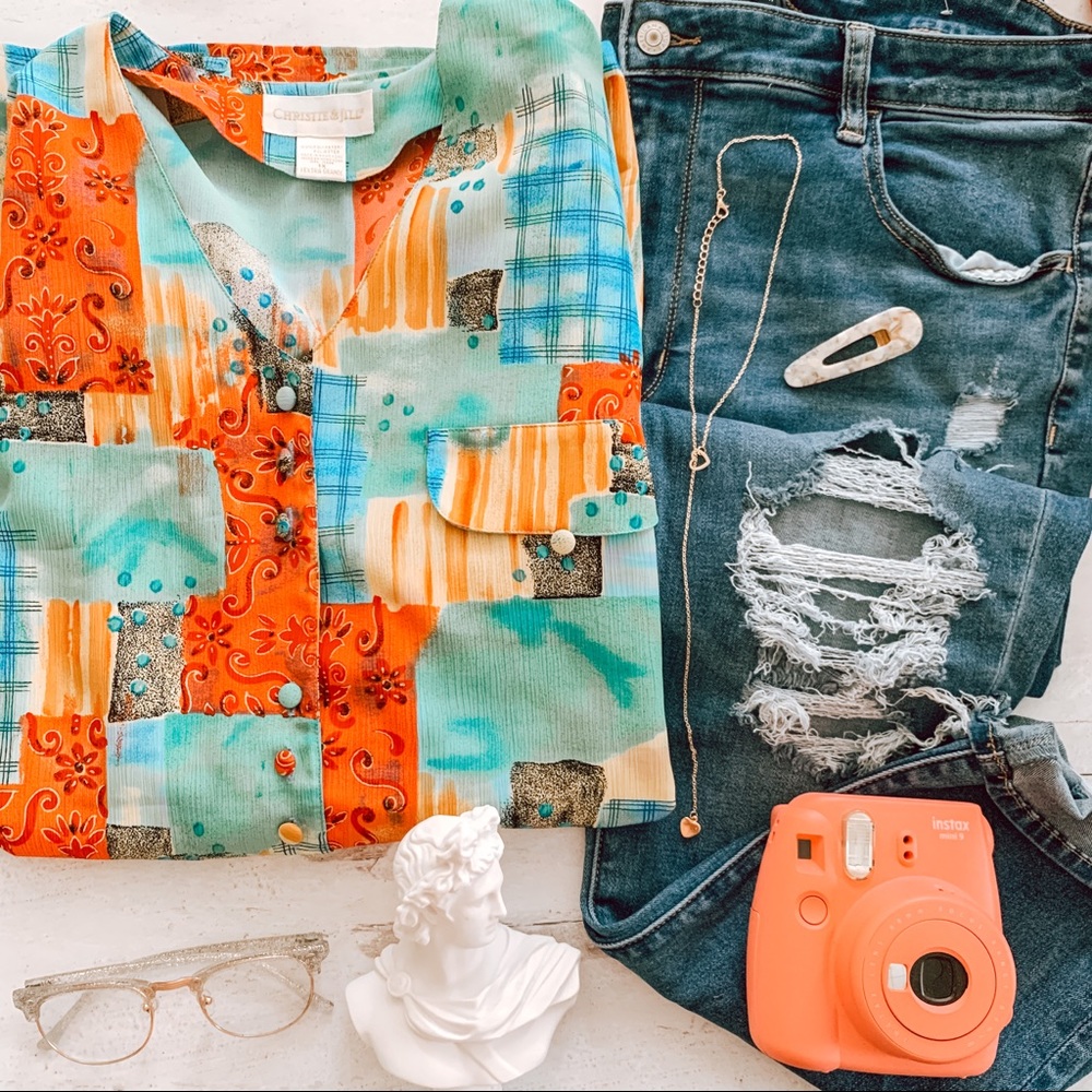 Vintage Patchwork Retro Button Down Top SZ 1X